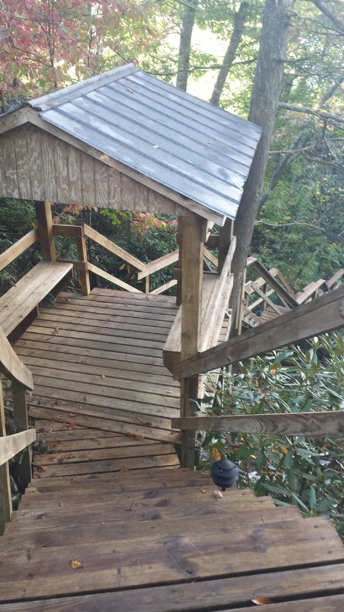 Metal roofed shelter over wooden steps on a wooded walkway — Skylight Repair & Installation work by our crew in Fairhaven